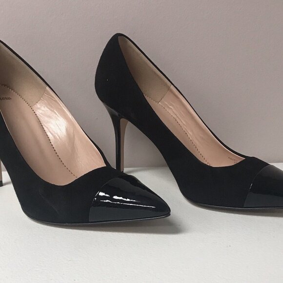 J Crew Suede W/Patent Toe Cap Elsie Heel Black - Picture 2 of 7